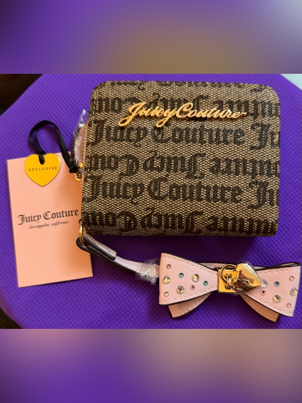 Juicy Couture Brown Logo Card Holder with Pink Bow Strap and Gold Hardware